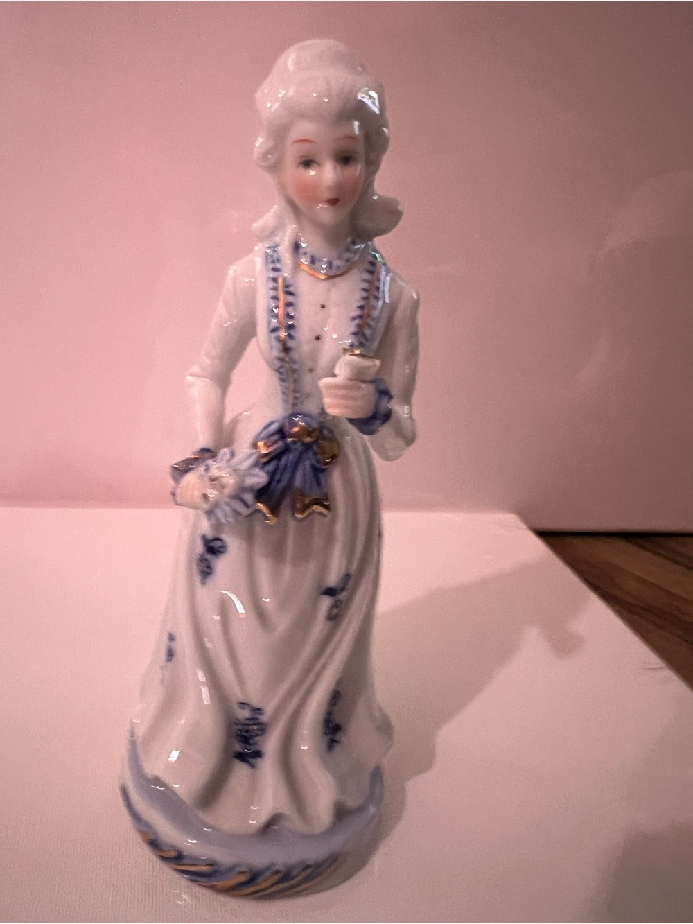 Vintage Hand-Painted Porcelain Lady Figurine in White, Blue & Gold